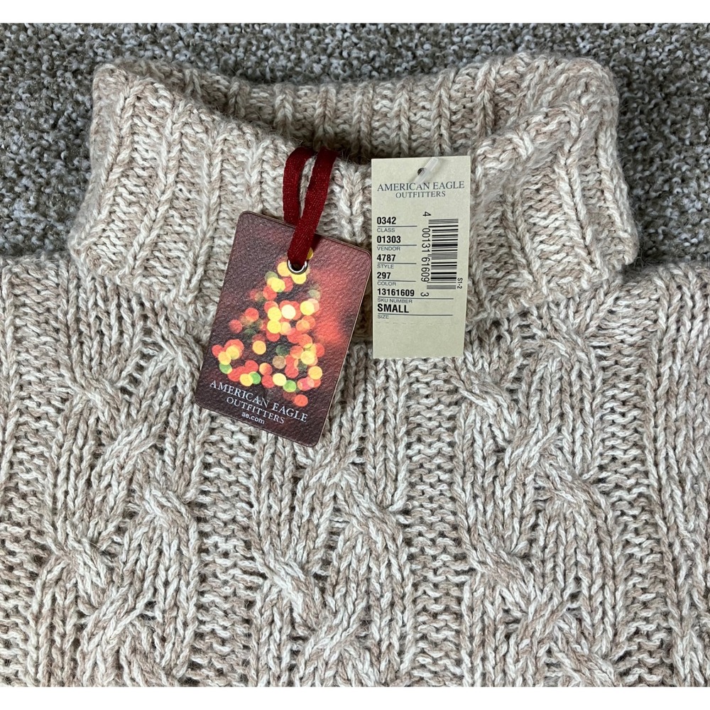 American Eagle Beige Cable Knit Angora Wool Blend Turtleneck Sweater Small NWT
